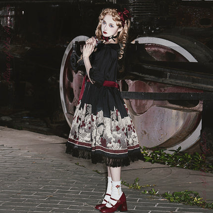 Dark Wonderland Asylum Lolita Dress - Gothic OP with Velvet Ribbon and Eerie Storybook Print