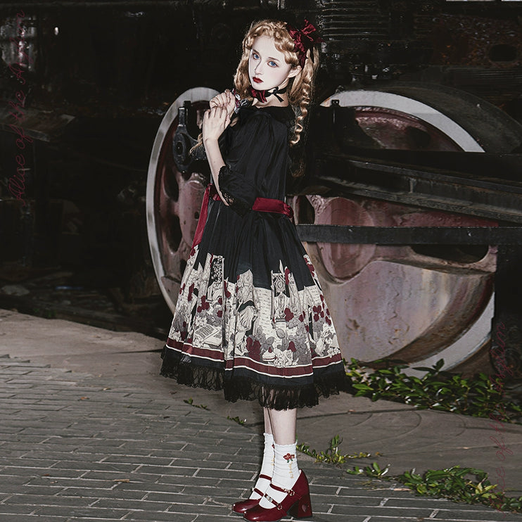 Dark Wonderland Asylum Lolita Dress - Gothic OP with Velvet Ribbon and Eerie Storybook Print