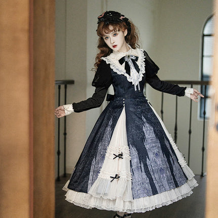 Gothic - inspired Lolita Dress with Cathedral Prints, Lace Trims and Delicate Bow