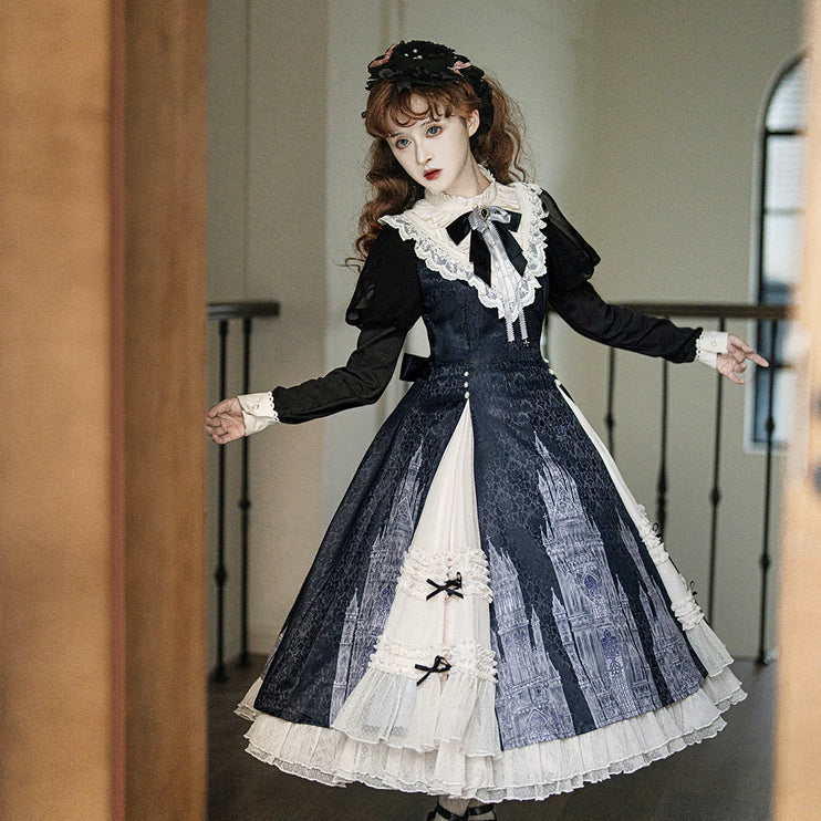 Gothic - inspired Lolita Dress with Cathedral Prints, Lace Trims and Delicate Bow
