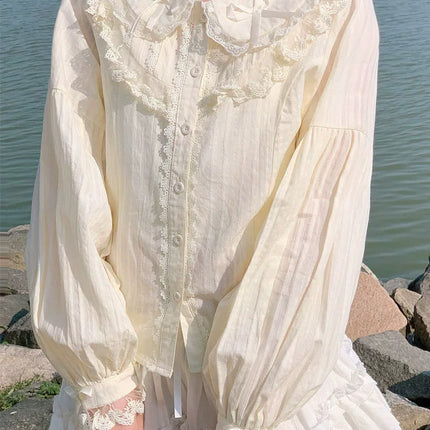 Lace - adorned Long - sleeved Blouse with Fluffy Cuffs, Exuding Delicate Femininity