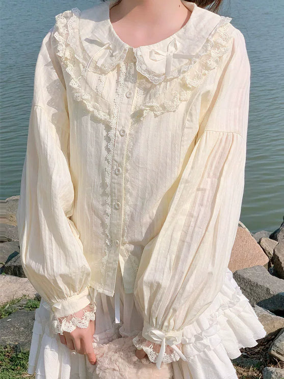 Lace - adorned Long - sleeved Blouse with Fluffy Cuffs, Exuding Delicate Femininity