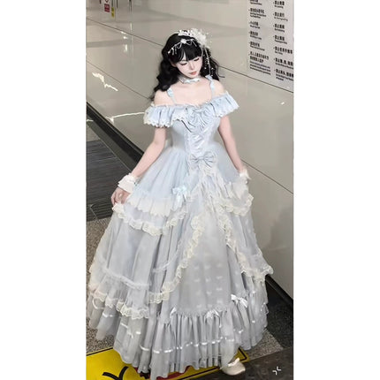 Elegant Light - Blue Off - the - Shoulder Lolita Dress: Ruffled and Bow - adorned