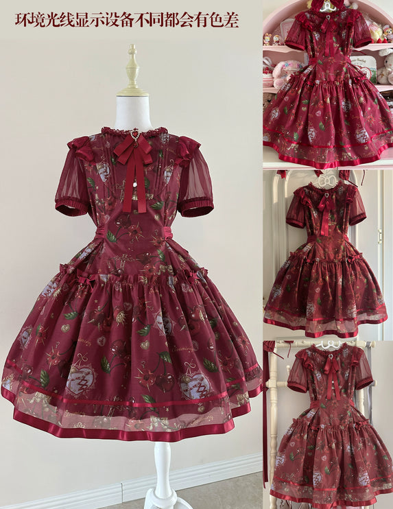 S-2XL Cherry Blossom Delight Lolita Dress – Sweet Vintage Print JSK/OP in Black, Red, Gray & White