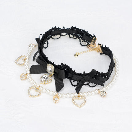 Edgy Punk Style Elaborate Double-Layer Necklace with Pearls and Gemstone Choker Lolita Collarbone Chain