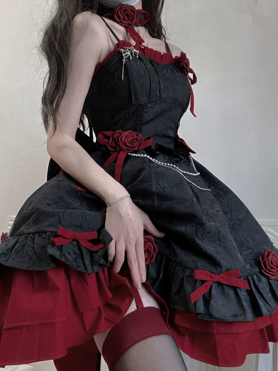 Gothic Rose Witch Lolita Dress - Dark Elegance JSK with Chain and Velvet Bow Accents