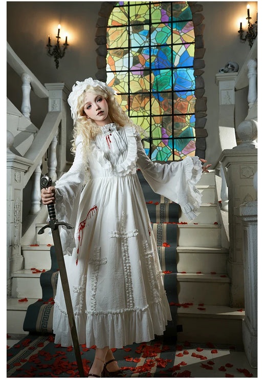 Gothic Lolita White Dresses with Bloody Accents, Delicate Lace and Charming Design