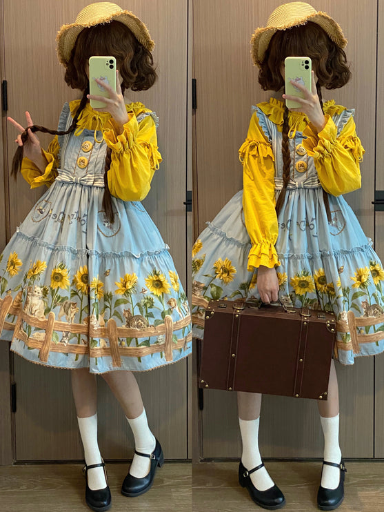 Sunflower Paradise: Cat and Sunflower JSK Lolita with a Big Skirt