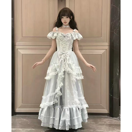 Off - the - shoulder Lolita Gown with Intricate Lace and Multiple Tiers of Ruffles