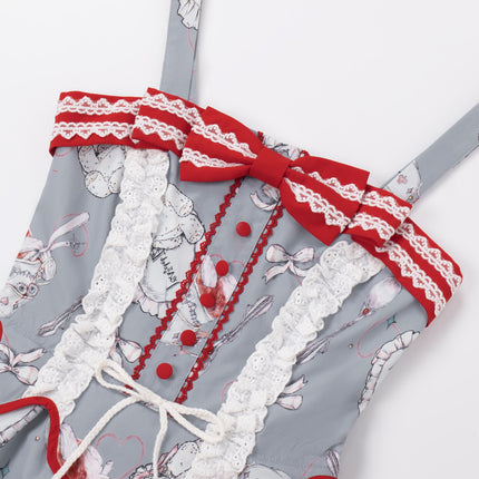 Tea Time Teddy Lolita JSK – Sweet Blue-Gray Dress with Red Lace-Up Corset and Tea Set Print