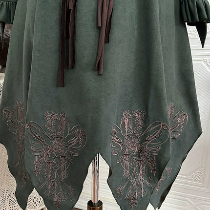 Fantasy - Style Capelet Dress with Embroidered Hem and Buckled Waist Belt