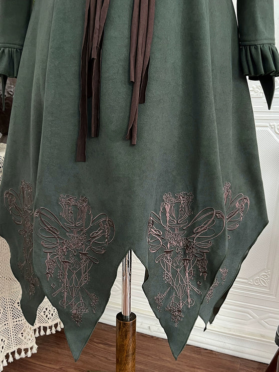 Fantasy - Style Capelet Dress with Embroidered Hem and Buckled Waist Belt