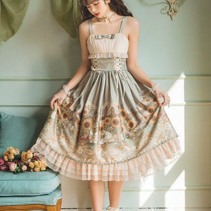 Vintage Floral Lolita Dress with Tulle Layers, Off - the - Shoulder Sleeves & Delicate Headpiece