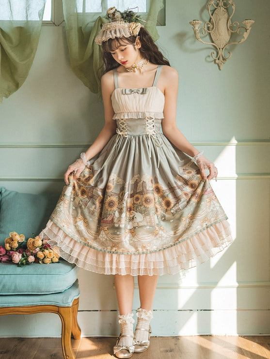 Vintage Floral Lolita Dress with Tulle Layers, Off - the - Shoulder Sleeves & Delicate Headpiece