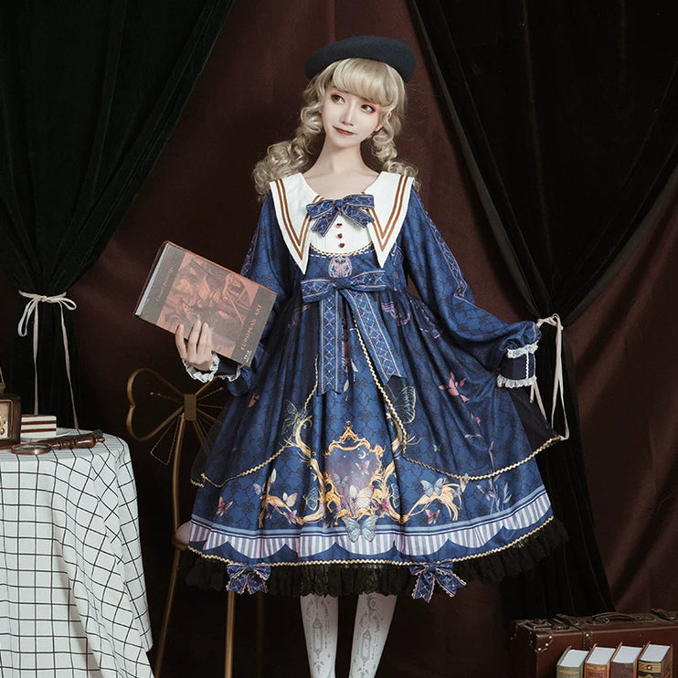 Navy Collar Embroidered Bow Floral Jacquard Puffy Long Sleeve OP Dress