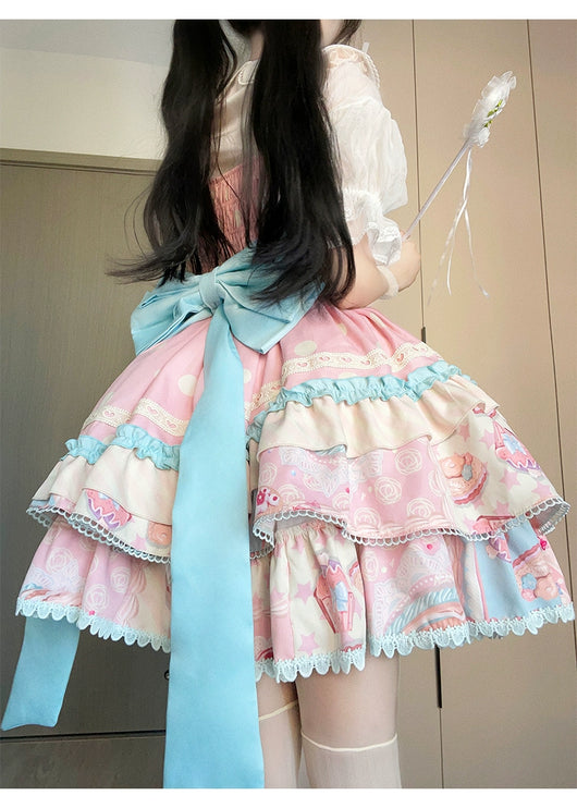 Icing Sweetheart JSK Pastel Tiered Lolita Dress with Lace Trimmings And Big Bow