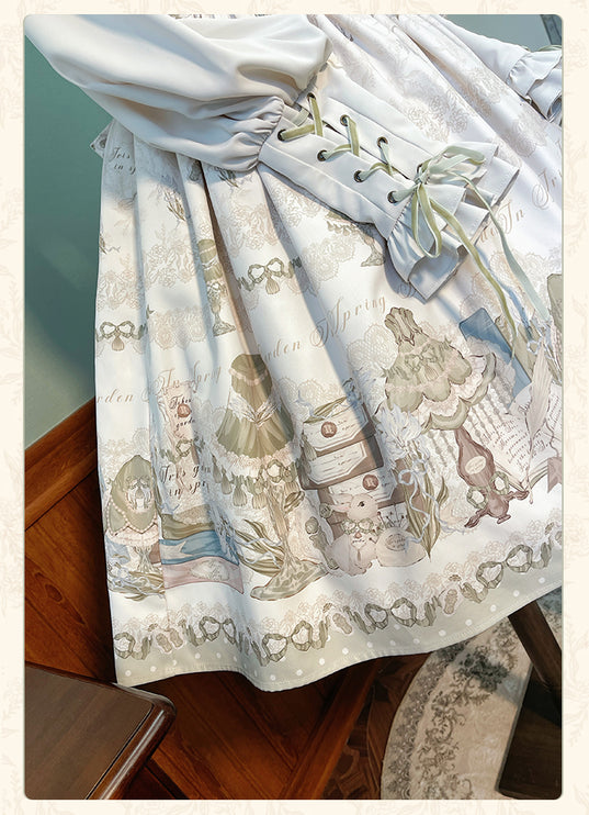 Whimsical Floral Lolita Dress – Tiered Skirt with Detachable Bows & Crisscross Ribbon Details