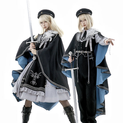 Women's Elegant Cape - style Dress with Navy Blue Lining and Delicate Embellishments