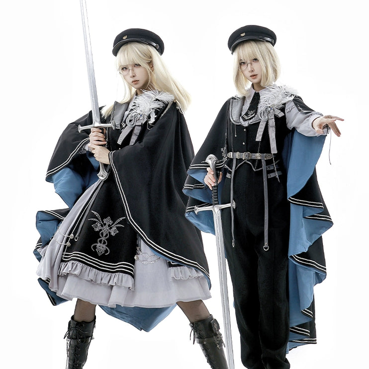 Women's Elegant Cape - style Dress with Navy Blue Lining and Delicate Embellishments