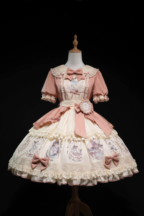 S-2XL Classic Doll-Inspired OP Lolita Dress with Lace Trim and Bow Accents - Available in Lavender, Matcha Green, and Pink