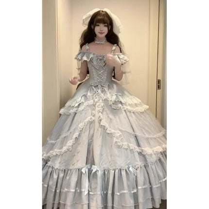 Off - the - shoulder Lolita Gown with Intricate Lace and Multiple Tiers of Ruffles
