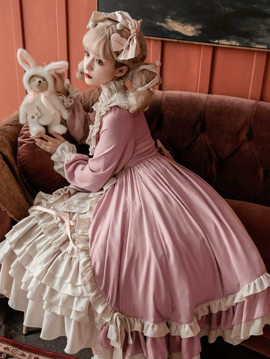 Sweet Lolita Princess Dress OP - Vintage Inspired Long Sleeve Layered Ruffle Dress