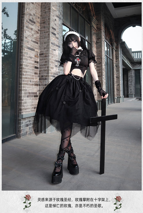 Midnight Rose Gothic Lolita Set - Embroidered Cutout Blouse with Cross and Pearl Accents