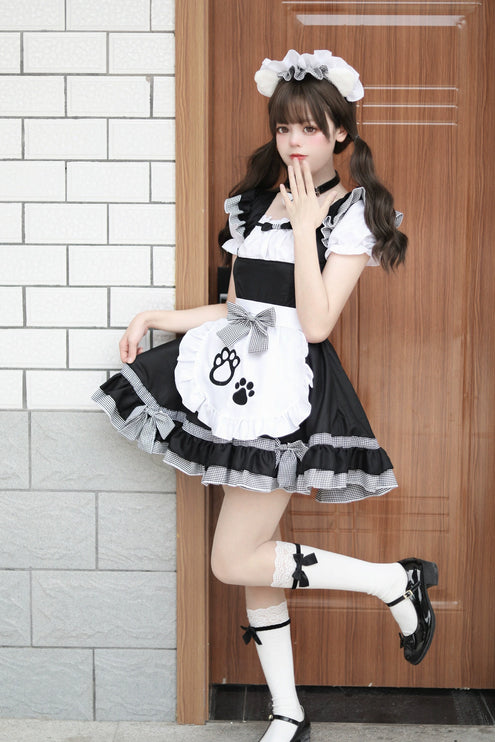 S-XXXXXL Pink Maid Cos Costume with Cat's Paw Apron OP Kitty Lolita Dress