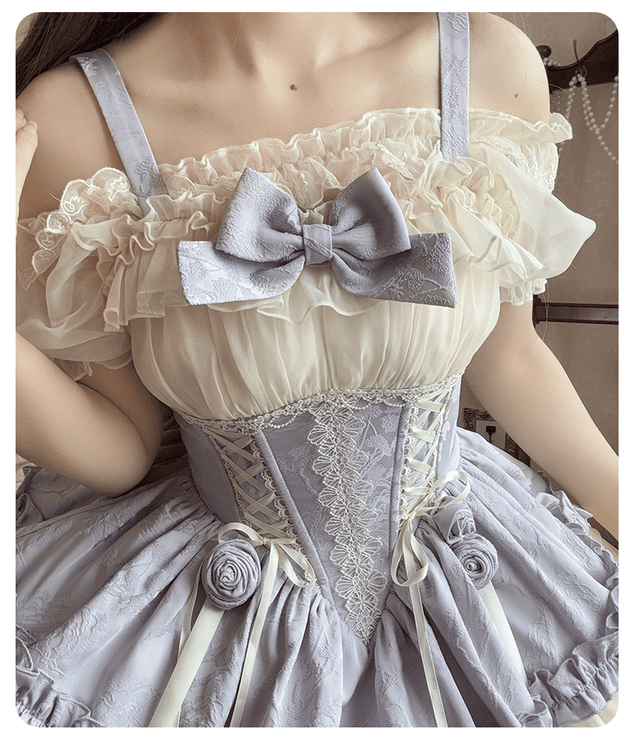 Sweet Lolita Off - the - Shoulder Dress with Tulle Skirt and Ribbon Details