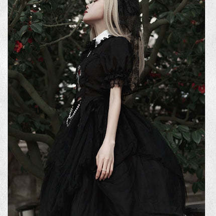 Gothic Black Rose Embroidery Cut-Out Blouse with Asymmetrical Lolita Dress Set