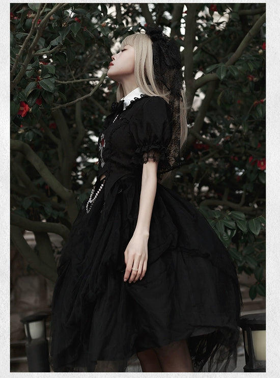 Gothic Black Rose Embroidery Cut-Out Blouse with Asymmetrical Lolita Dress Set