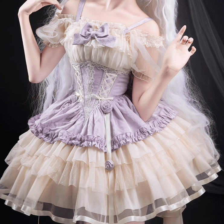 Sweet Lolita Off - the - Shoulder Dress with Tulle Skirt and Ribbon Details