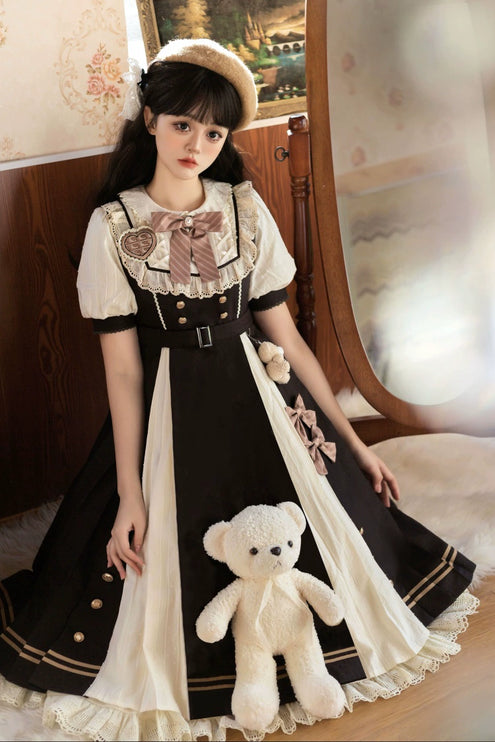 Cocoa Charm Lolita Dress - Elegant Short Sleeve OP with Striped Bow and Teddy Accent
