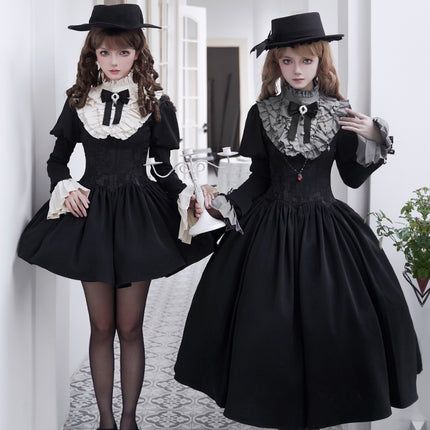 Black & Cream Whimsical Lolita Dress – Adjustable Bows & Multi-Tiered Lace Skirt