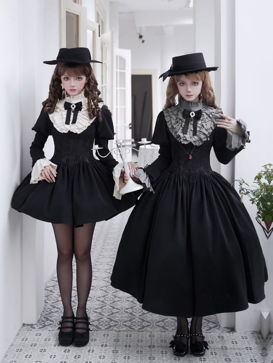 Black & Cream Whimsical Lolita Dress – Adjustable Bows & Multi-Tiered Lace Skirt