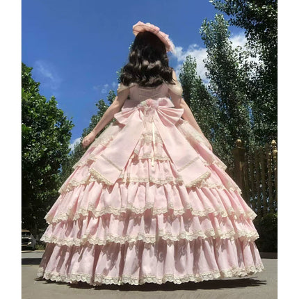 Pink Lolita Maxi Dress with Delicate Lace and Flower Embellishments, Ideal for Tea - Party Occasions