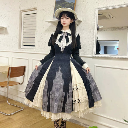 Gothic - inspired Lolita Dress with Cathedral Prints, Lace Trims and Delicate Bow