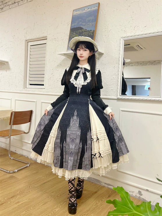 Gothic - inspired Lolita Dress with Cathedral Prints, Lace Trims and Delicate Bow