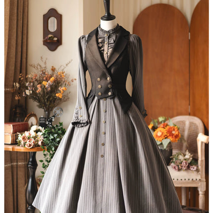 Long - striped dress with a tailored waistcoat, vintage charm in every stitch