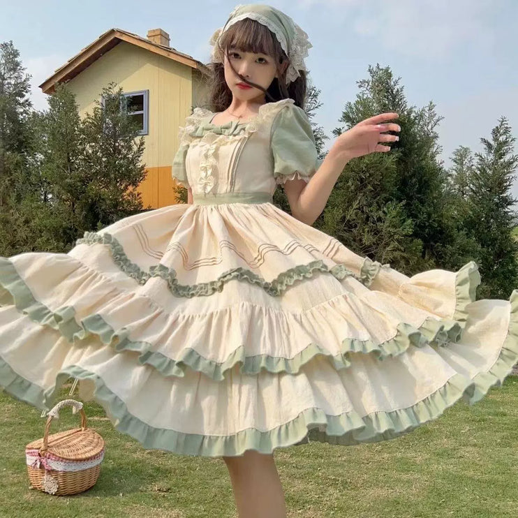 Sage Blossom Lolita Dress - Cottagecore Ruffled OP with Pastel Green Accents