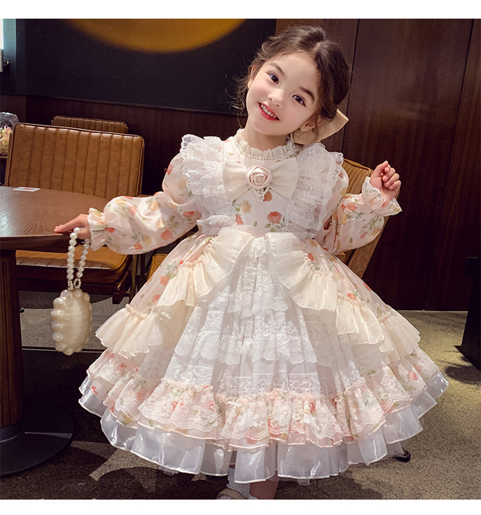 Charming Pastel Pink Lolita Dress for Girls - Floral Embellished, Multi-Layered Skirt