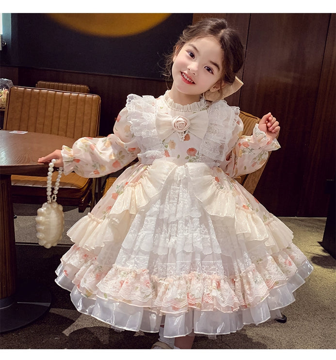 Charming Pastel Pink Lolita Dress for Girls - Floral Embellished, Multi-Layered Skirt, Perfect for Tea Parties and Special Occasions