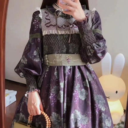 Autumn Winter Japanese Sweet Lolita Vintage Elegant Lady Vineyard Stand Collar Doll Long Sleeve Dress OP and JSK