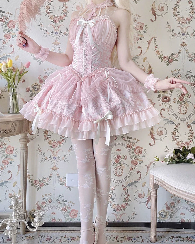Fairy-Tale Ballet Doll Lolita Halter Dress with Corset Lace-Up and Ruffled Layers – Available in 8 Colors