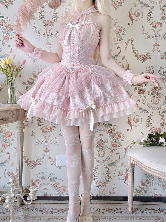 Fairy-Tale Ballet Doll Lolita Halter Dress with Corset Lace-Up and Ruffled Layers – Available in 8 Colors