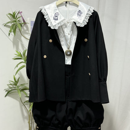 European Prince Lolita Cape Set – Black Jacket with Puff Shorts and Lace Collar Blouse