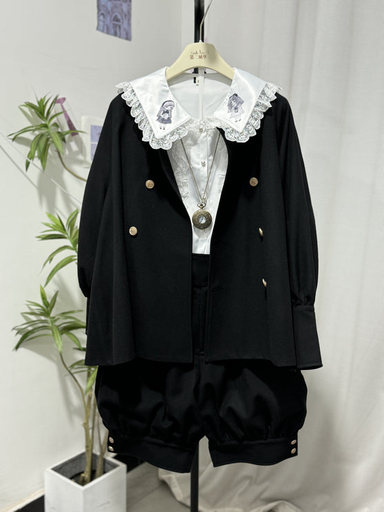 European Prince Lolita Cape Set – Black Jacket with Puff Shorts and Lace Collar Blouse