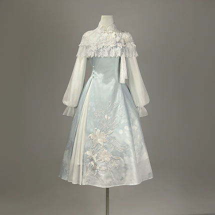 Light - blue Traditional Chinese - style Dress with Delicate Floral Embroidery and Sheer Sleeves