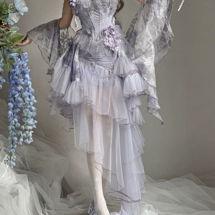 Dreamy Lavender Lolita Gown with Floral Embellishments, Layered Tulle Skirt