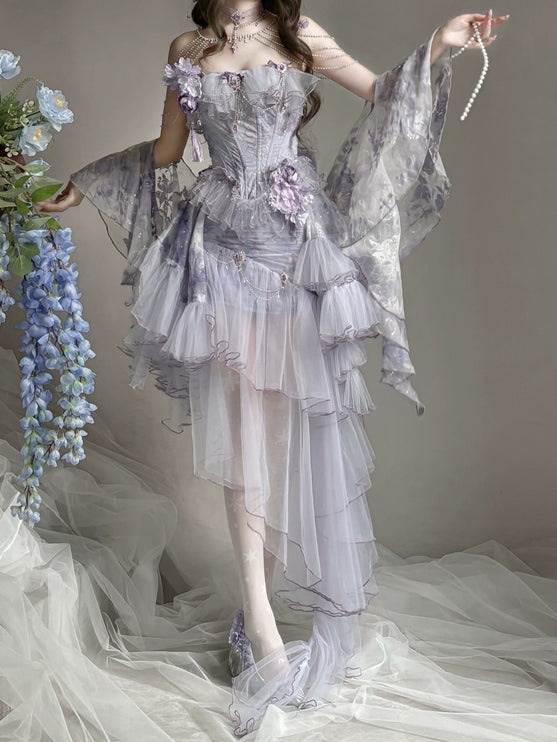 Dreamy Lavender Lolita Gown with Floral Embellishments, Layered Tulle Skirt